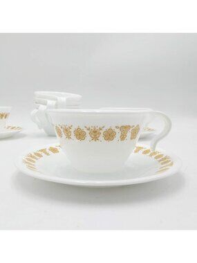 Corelle Butterfly Gold By Corning Hook Handle Tea Cups and Saucers Qty 8